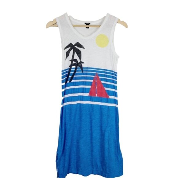J. Crew Coverup Tank Dress 2XS Blue White Cotton Knit Sailboat Tropical … - Picture 1 of 6